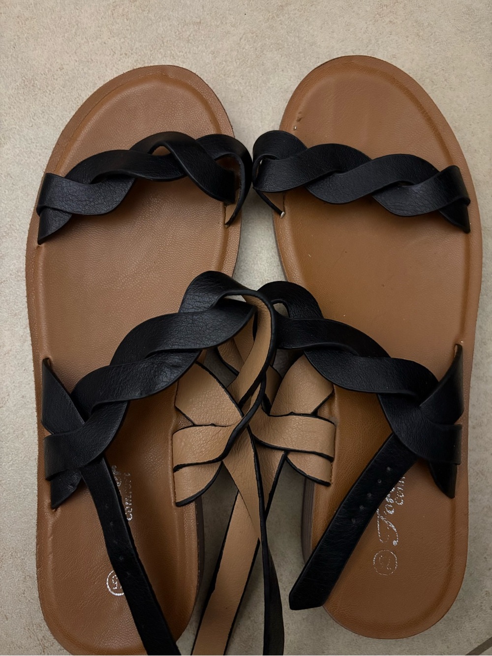 Women's Black Braided Strap Tan Footbed Sandals